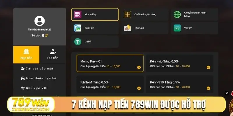 7 kênh nạp tiền 789WIN được hỗ trợ